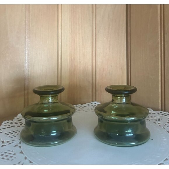 Vintage Set of 2 Dansk Green Uranium Glass Ink Well Candlestick Holders Jens Qui - Picture 1 of 6